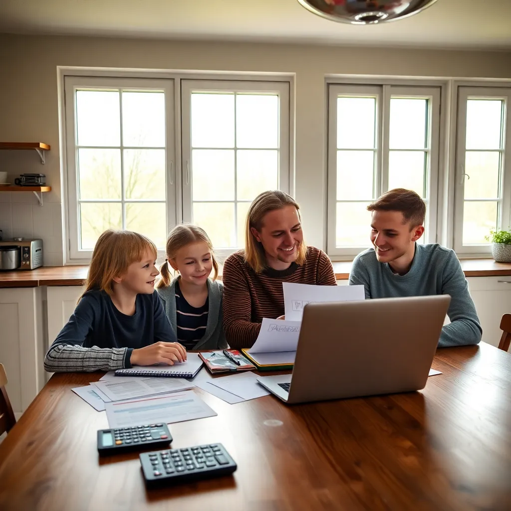 Nederlandse familie bespreekt spaarstrategieën aan keukentafel met laptop en financiële documenten