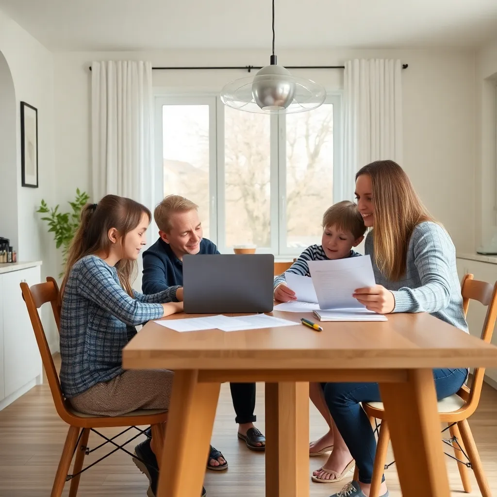 Nederlandse familie die samen aan tafel hun financiën plant met laptop en documenten