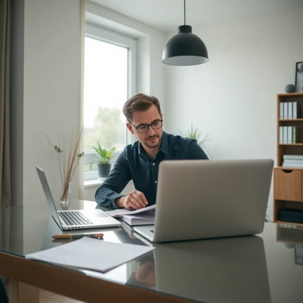 Persoon die financiën beheert met laptop en documenten op bureau