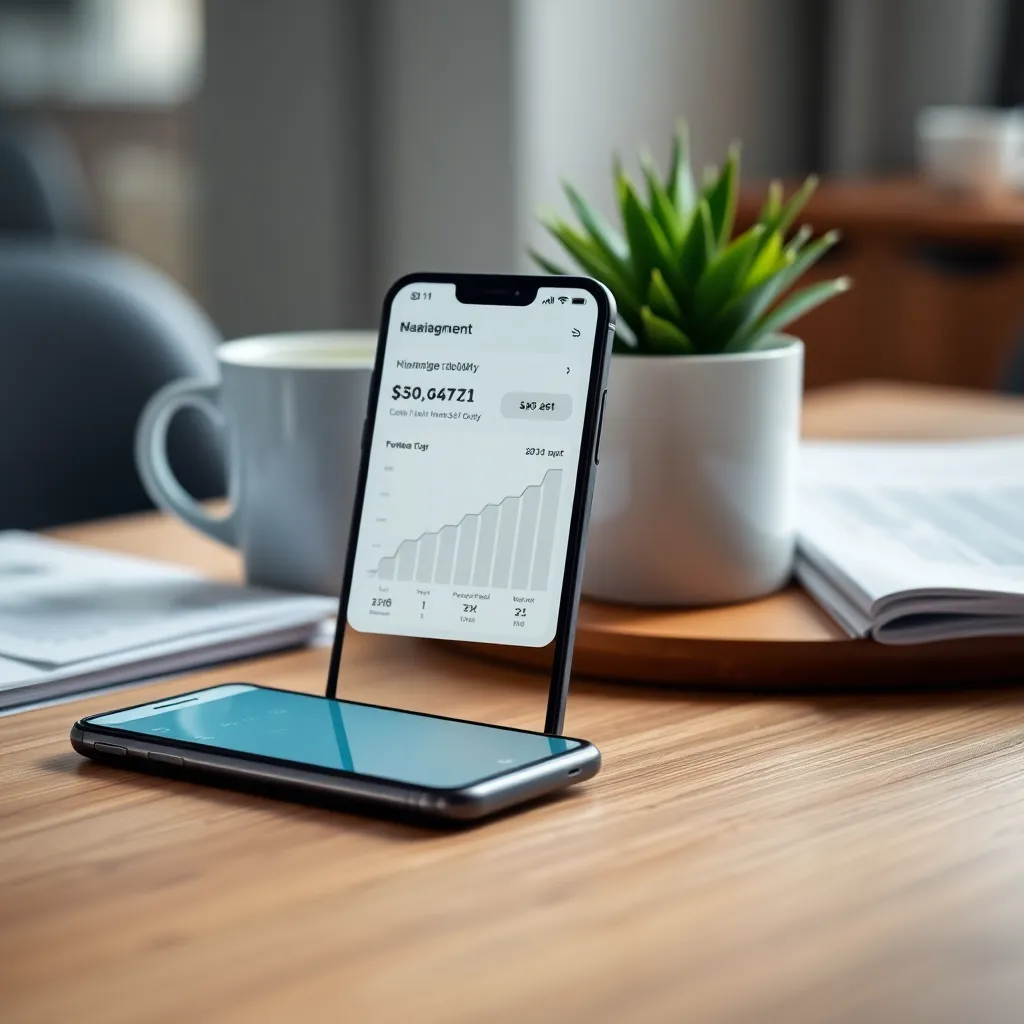 Smartphone met budgetbeheer app op een bureau met financiële documenten