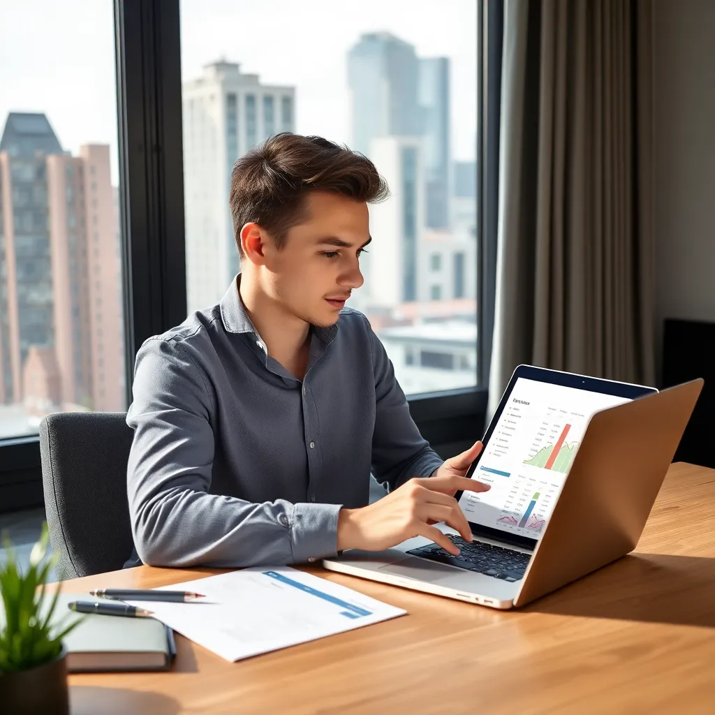 Jonge professional werkt aan financiële planning op laptop